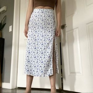 blue and white floral midi skirt with a slit